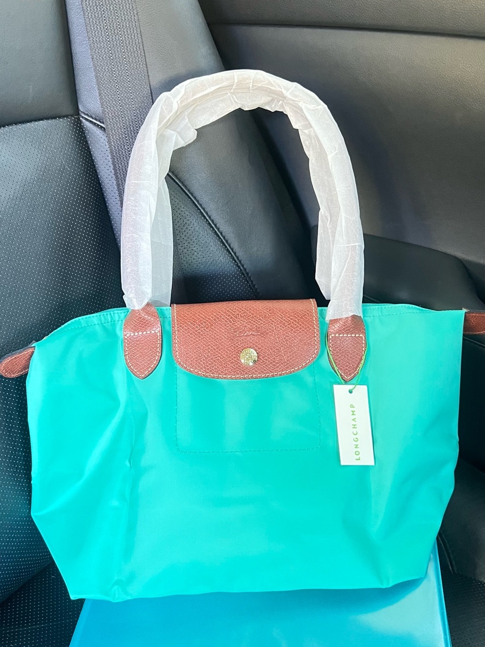 Longchamp Medium Tote Bag in Turquoise with Brown Trim